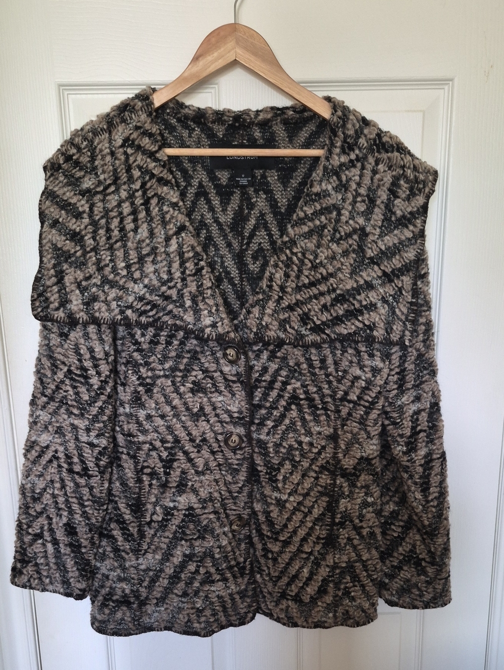 Linda Lundstrom Vintage Knit Sweater Jacket Geometric Cardigan Gray Brown - 12